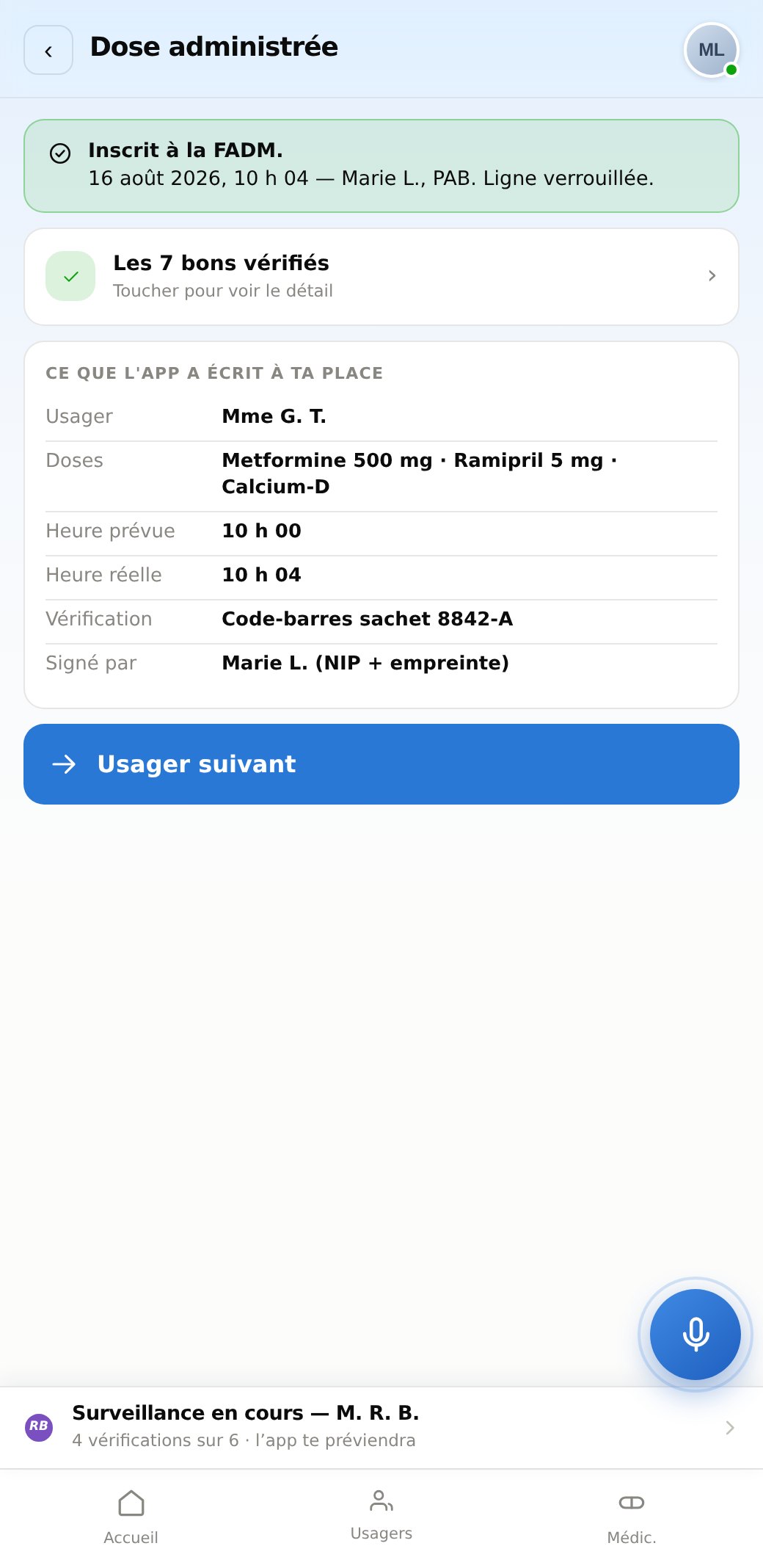 Dose administrée et signée dans la FADM
