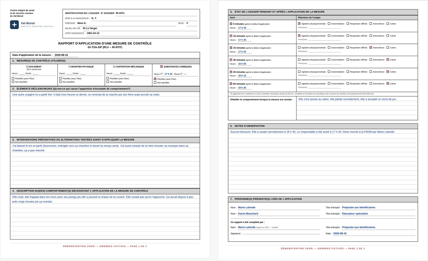 Les deux pages du rapport d'application d'une mesure de contrôle, telles qu'elles sortent de VoxRI