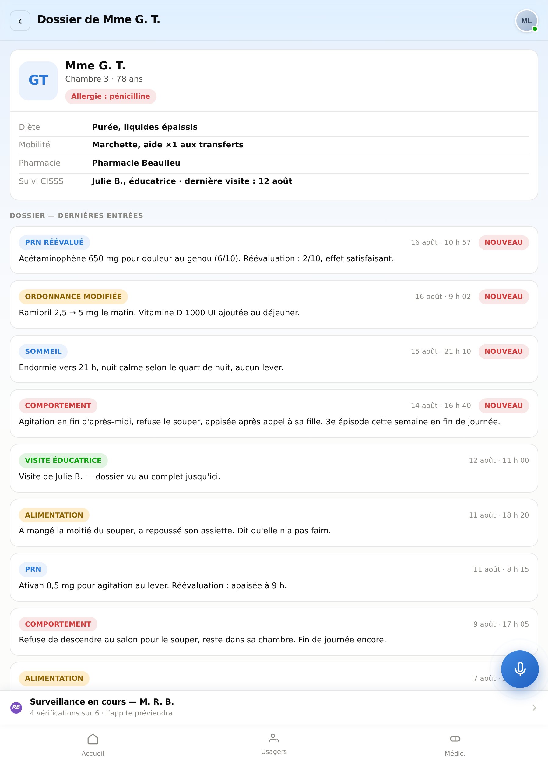 Dossier complet d'un usager sur iPad
