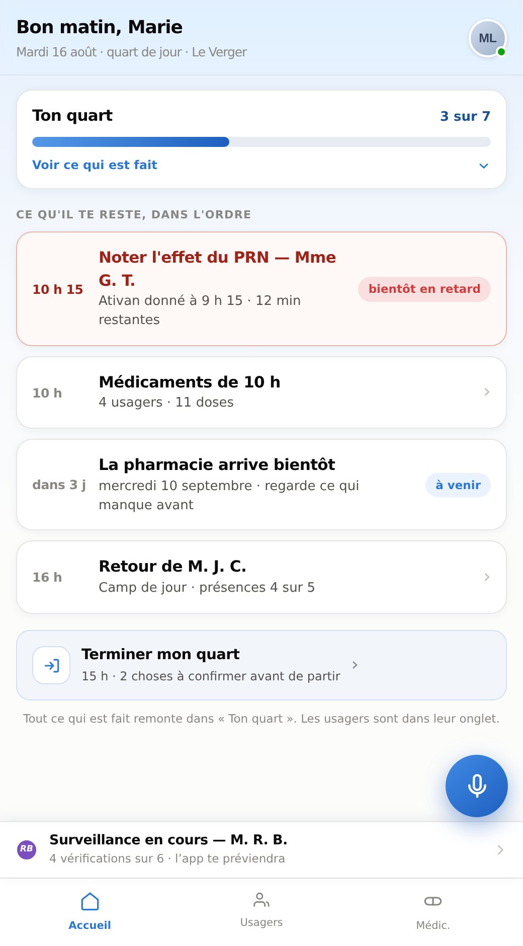 L'écran d'accueil de VoxRI pour une employée en quart de jour